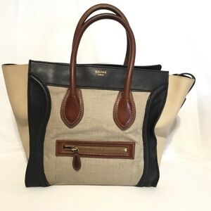 Authentic Celine Tricolor Luggage Canvas Leather Handbag